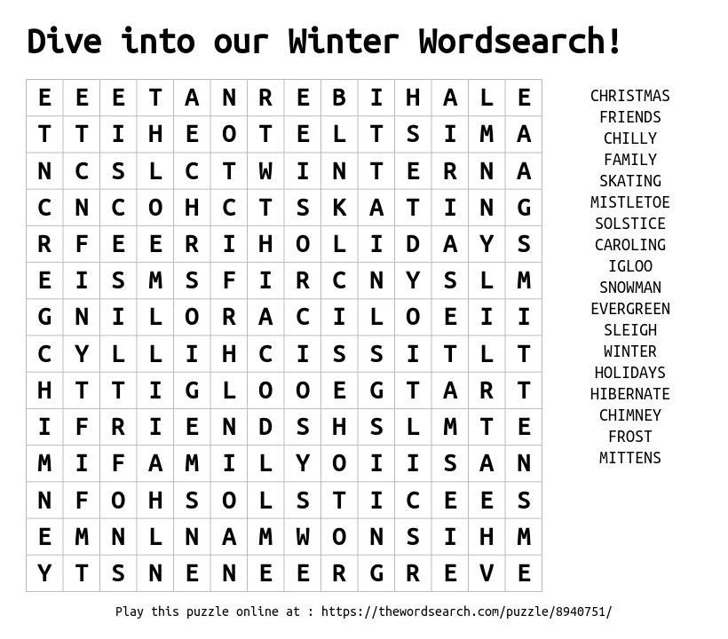 Word Search on Dive into our Winter Wordsearch!