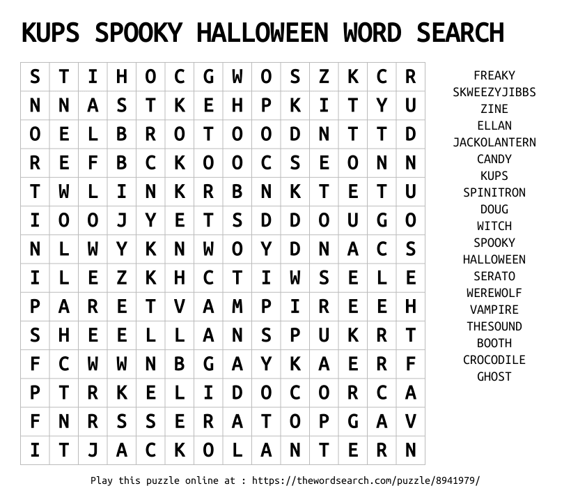 Word Search on KUPS SPOOKY HALLOWEEN WORD SEARCH