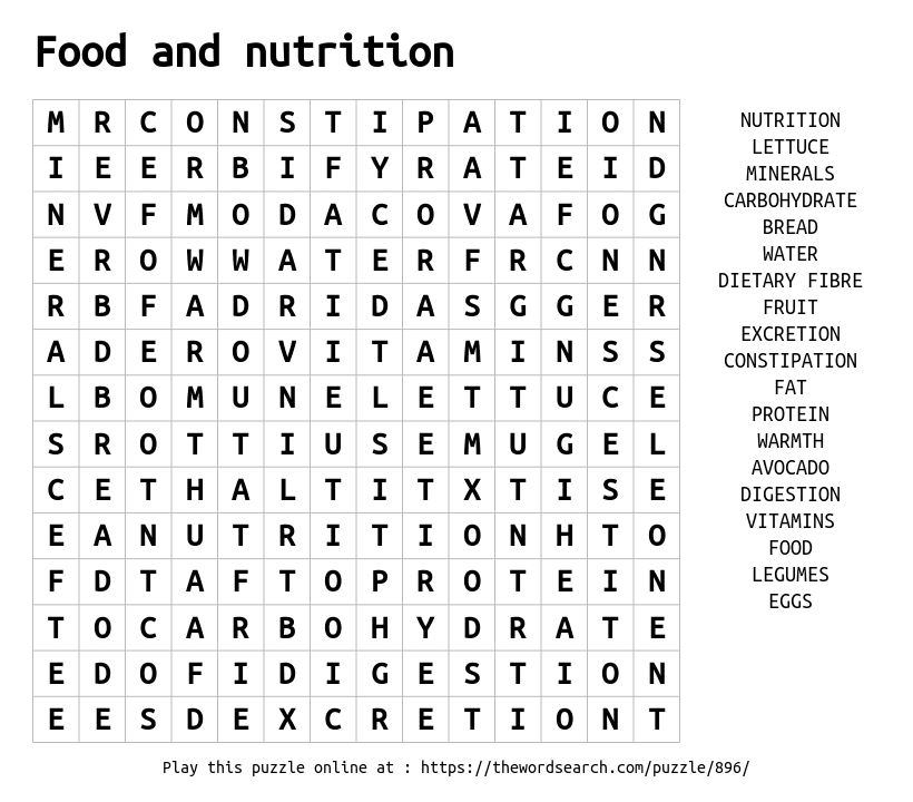 Nutrition Vocabulary Word Search