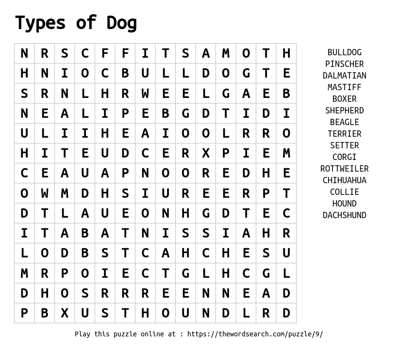 Word Search on Types of Dog