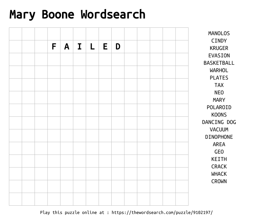 Word Search on Mary Boone Wordsearch