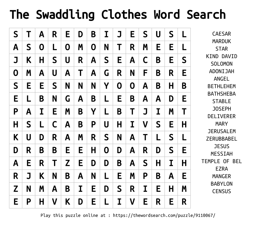 Word Search on The Swaddling Clothes Word Search