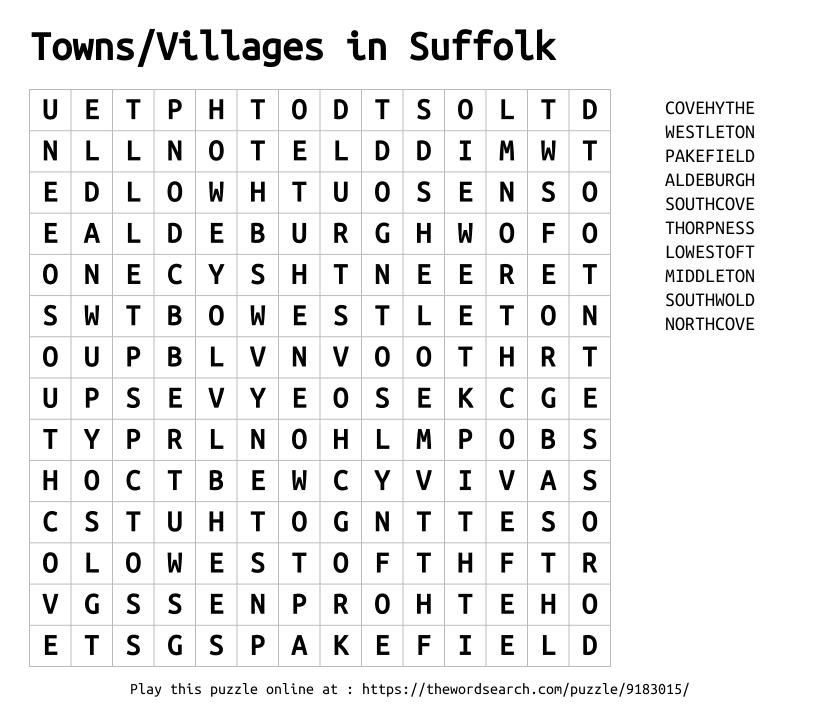 Word Search on Towns/Villages in Suffolk