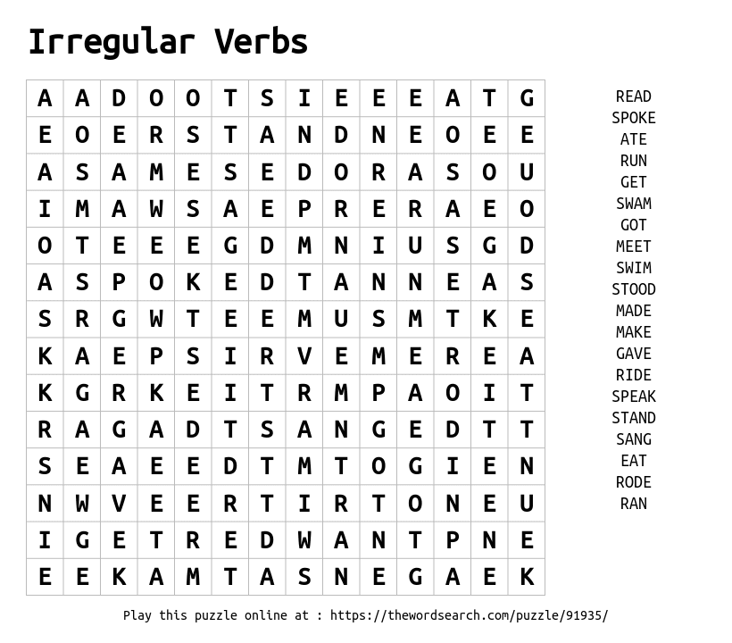 Irregular Verbs Word Search