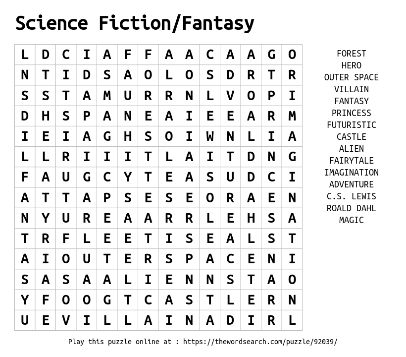 Science Fiction Fantasy Word Search