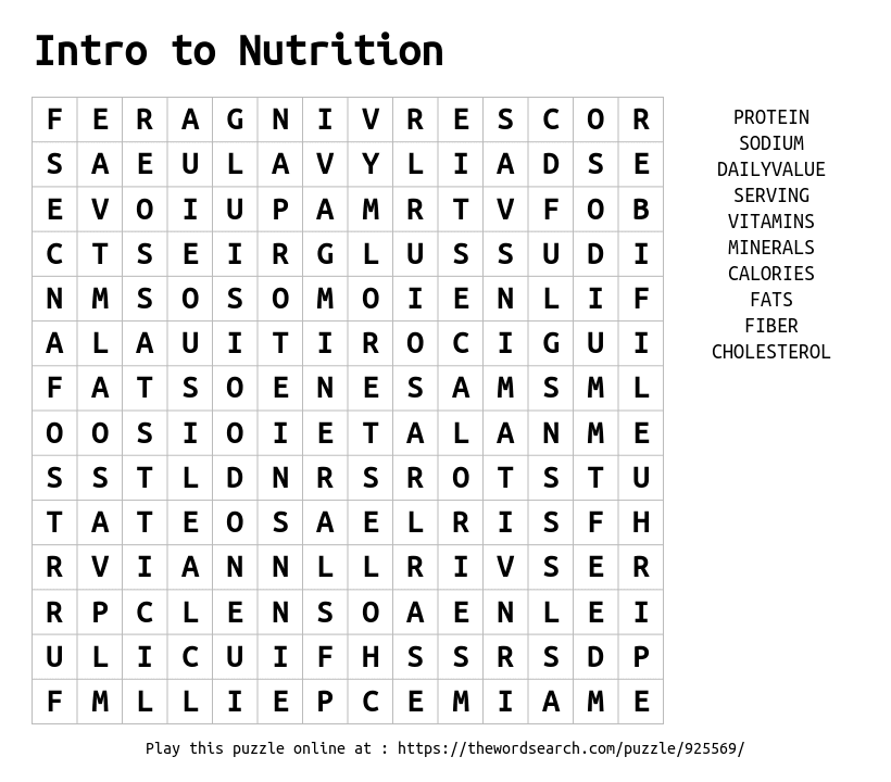 Word Search on Intro to Nutrition