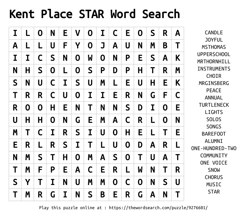 Word Search on Kent Place STAR Word Search