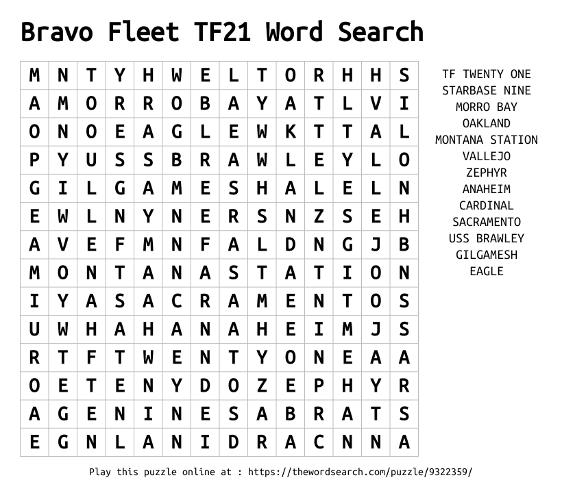 Word Search on Bravo Fleet TF21 Word Search