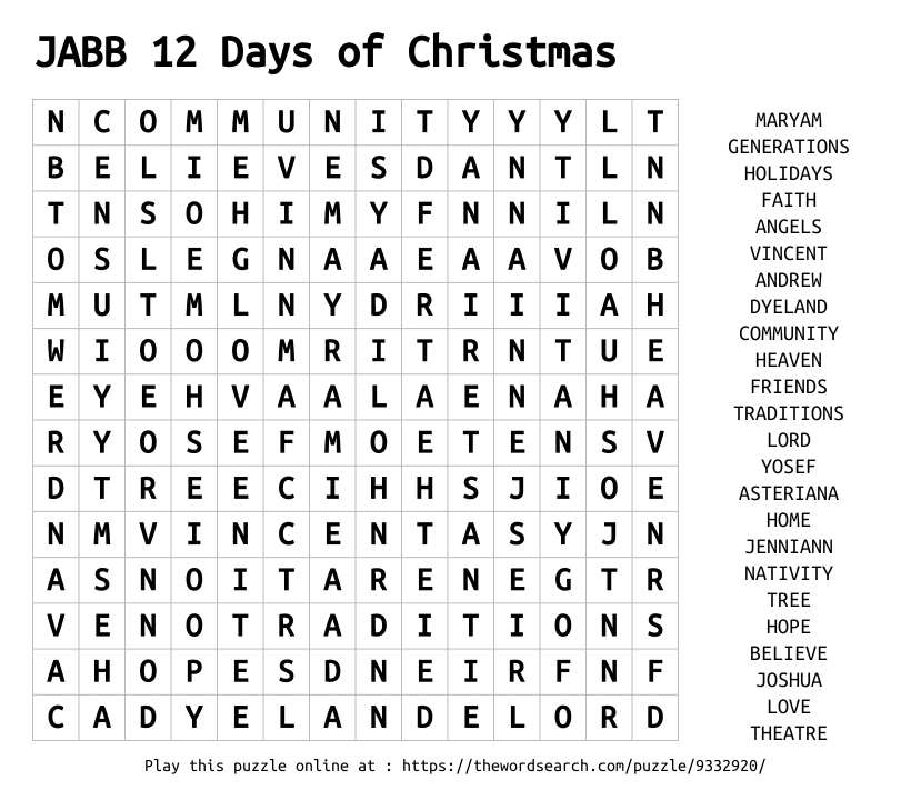 Word Search on JABB 12 Days of Christmas