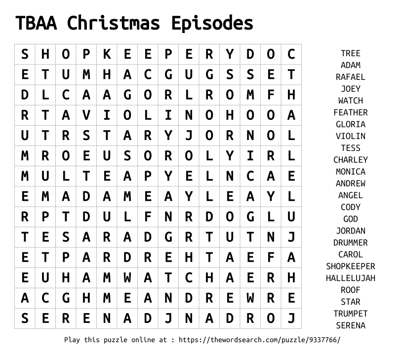 Word Search on TBAA Christmas Episodes