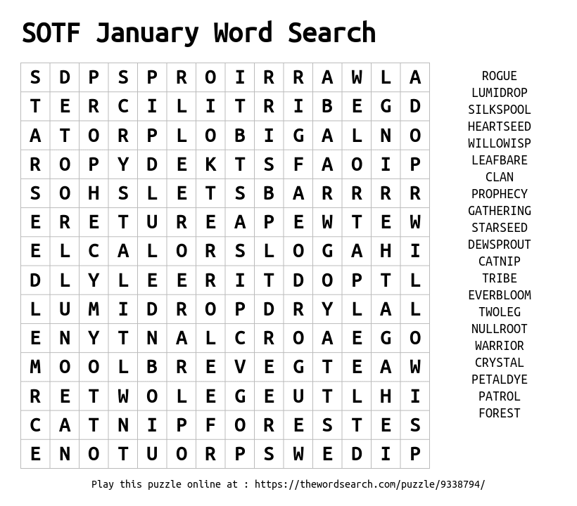 Word Search on SOTF January Word Search