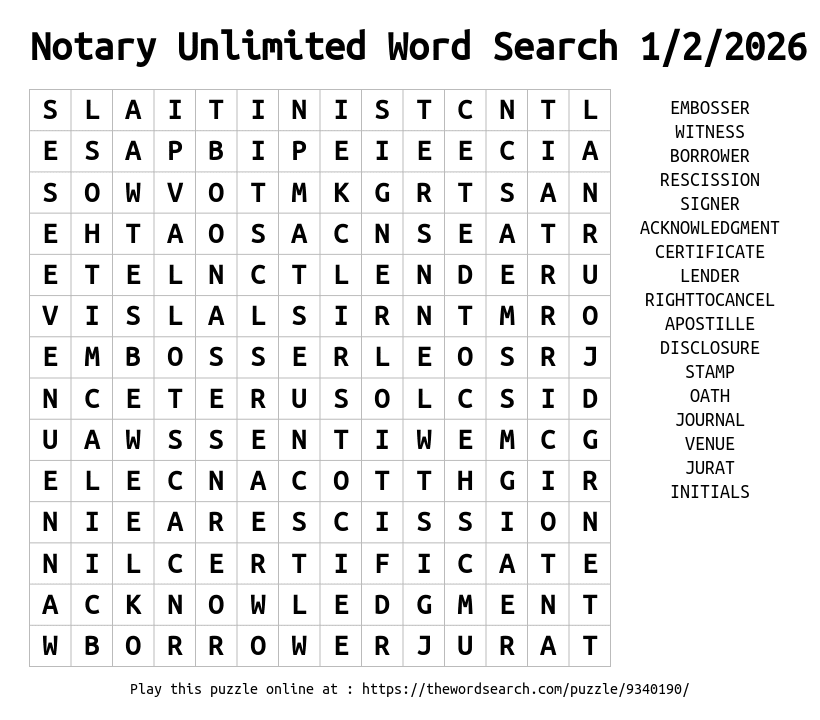 Word Search on Notary Unlimited Word Search 1/2/2026