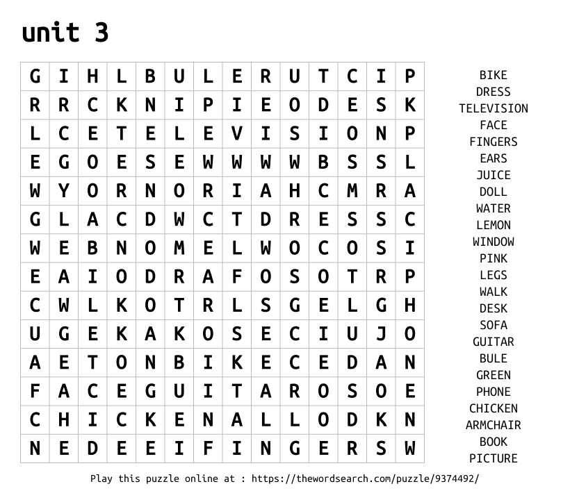 Word Search on unit 3