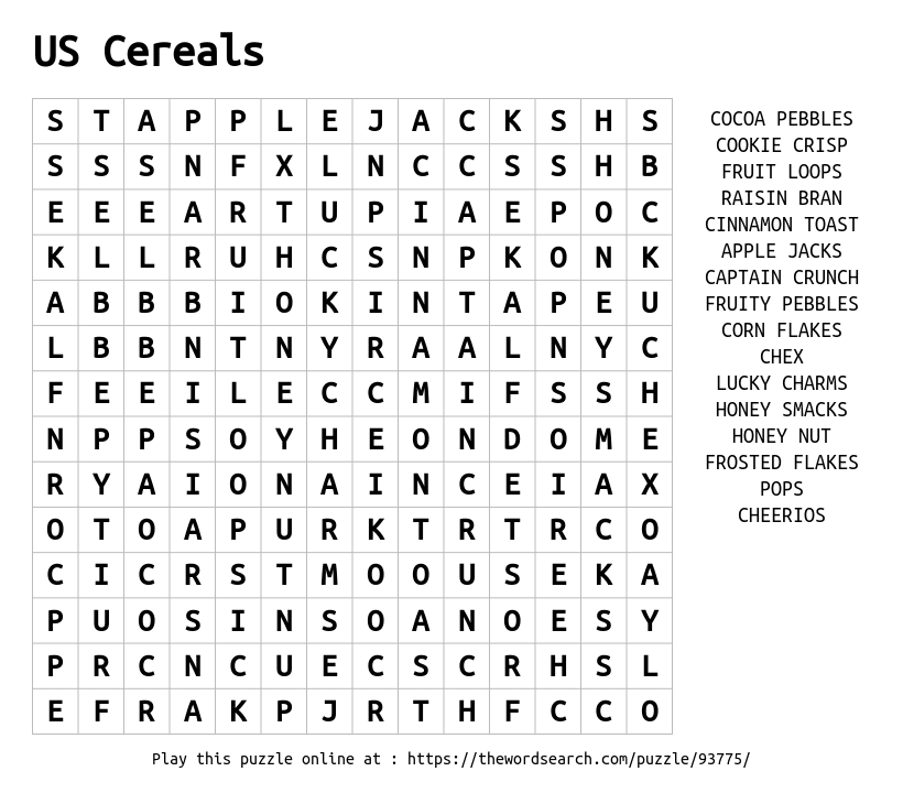 Word Search on US Cereals