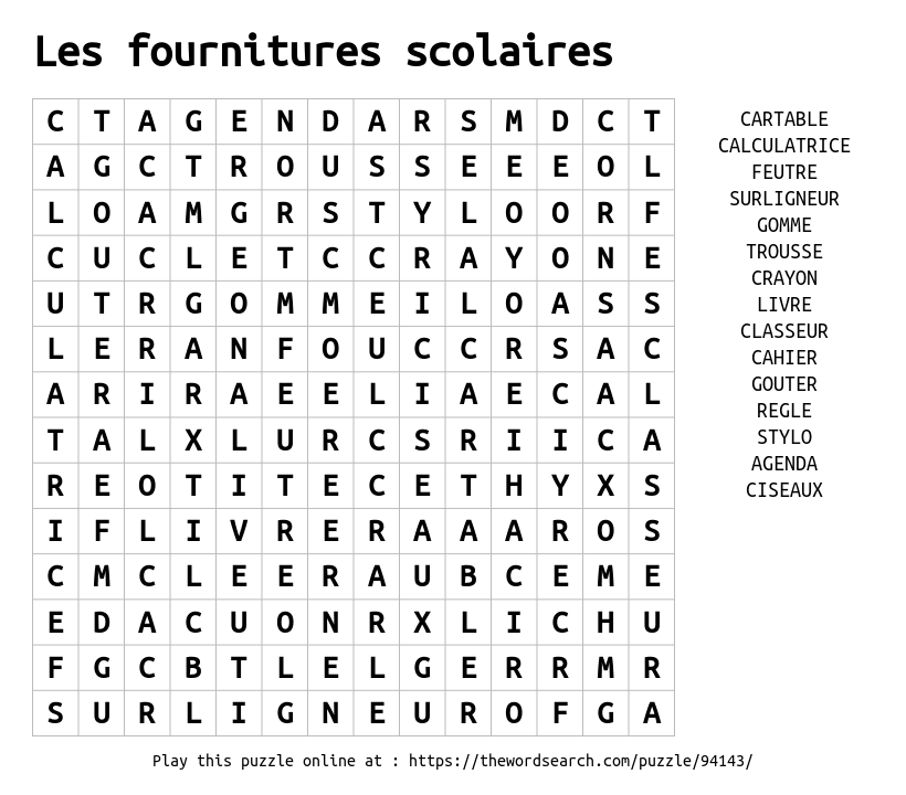 Download Word Search on Les fournitures scolaires