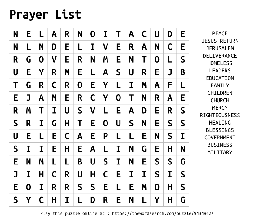 Word Search on Prayer List