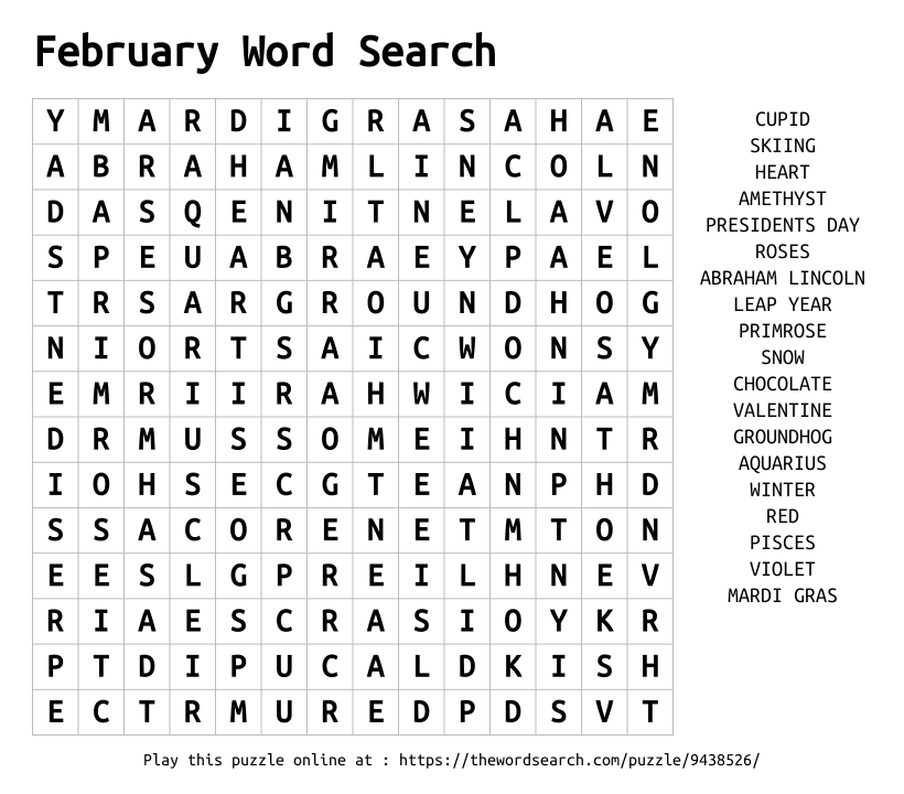Word Search on February Word Search