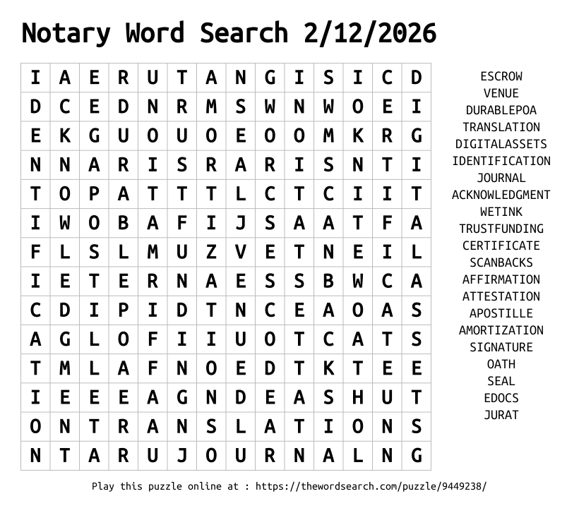 Word Search on Notary Word Search 2/12/2026