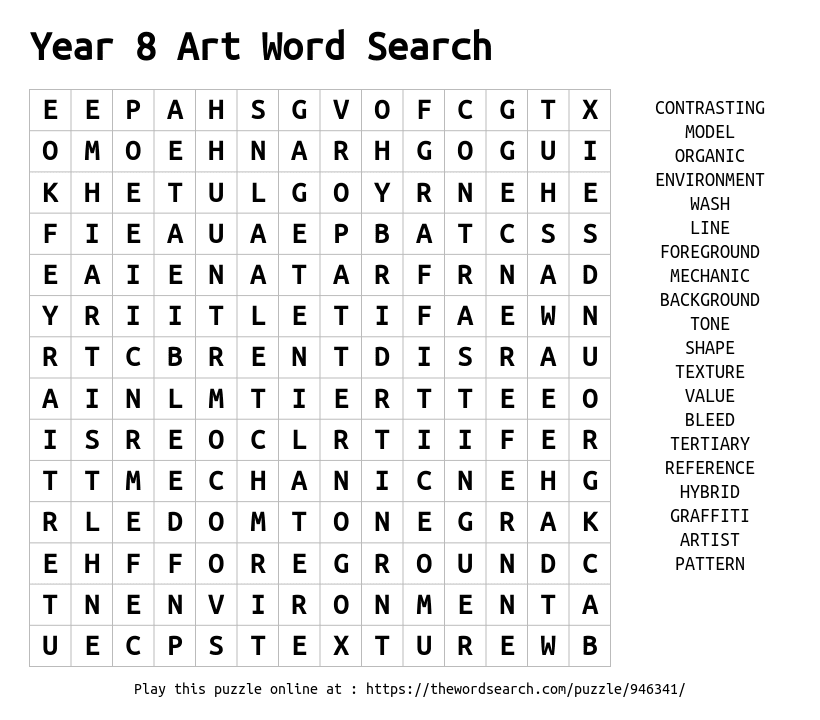 download word search on year 8 art word search