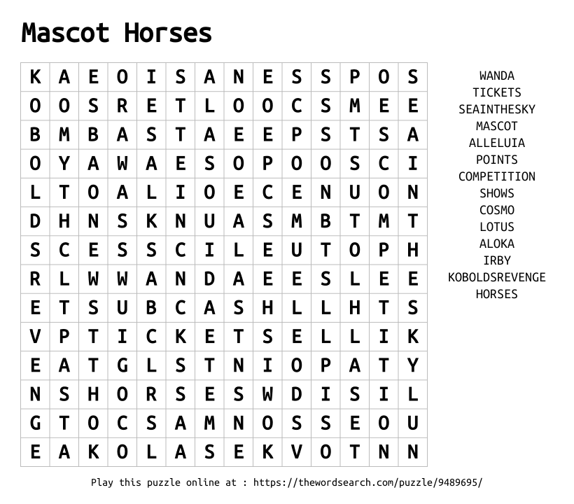Word Search on Mascot Horses