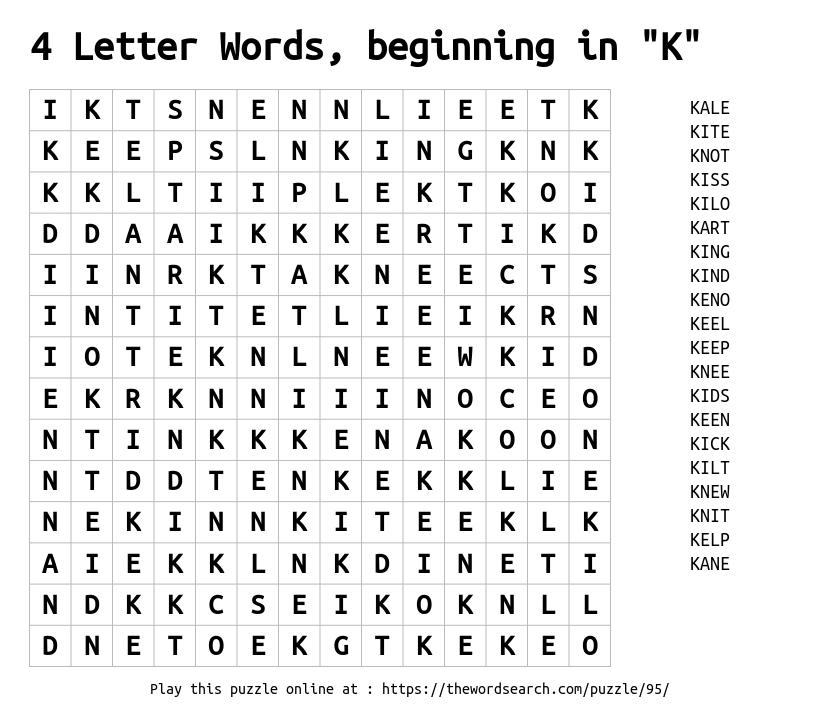 Download Word Search On 4 Letter Words Beginning In K 