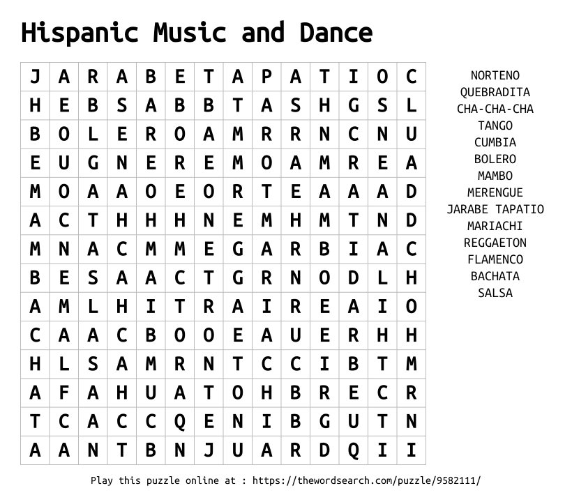 Word Search on Hispanic Music and Dance