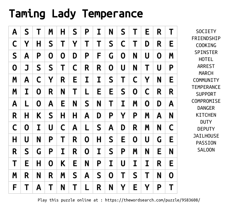 Word Search on Taming Lady Temperance