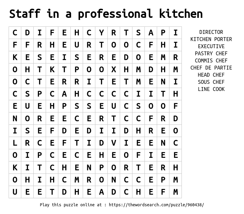 Download Word Search on Staff in a professional kitchen