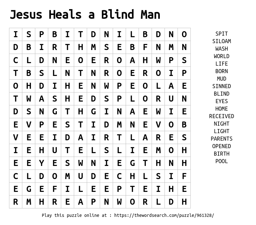 Download Word Search On Jesus Heals A Blind Man