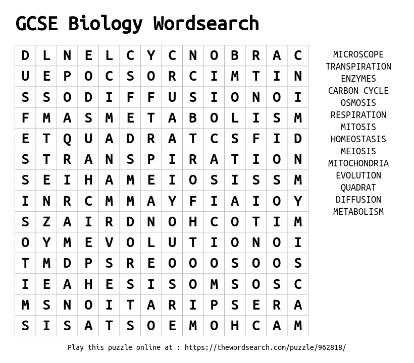 biology word search answers