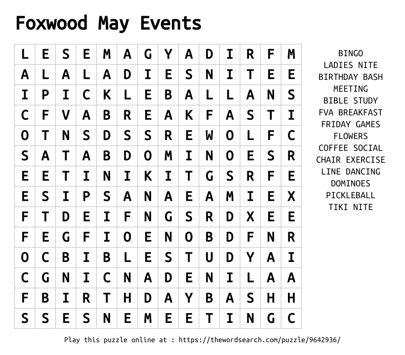 Word Search on Foxwood May Events