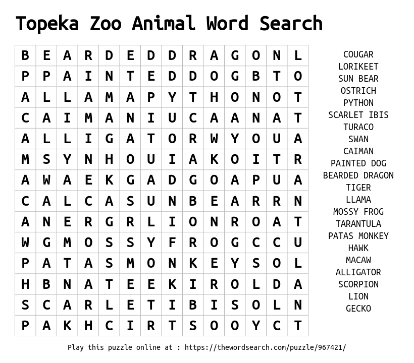 Download Word Search on Topeka Zoo Animal Word Search