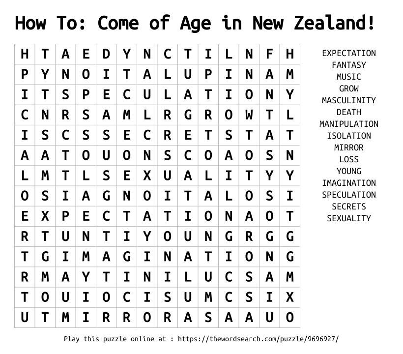 Word Search on How To: Come of Age in New Zealand!