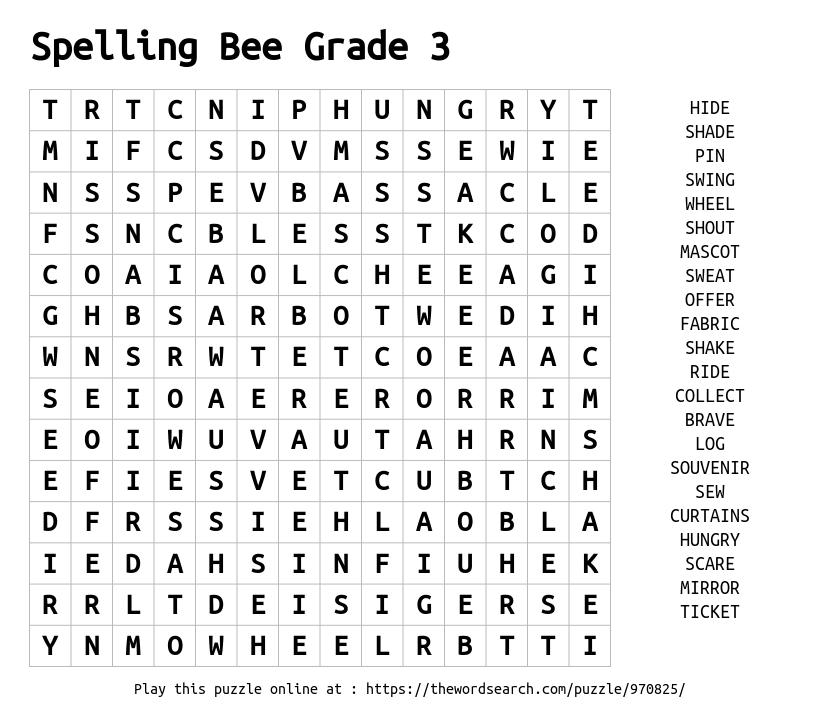 Spelling Bee Grade 3 Word Search