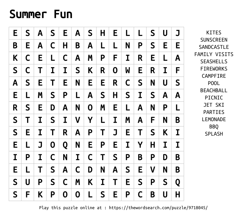 Word Search on Summer Fun