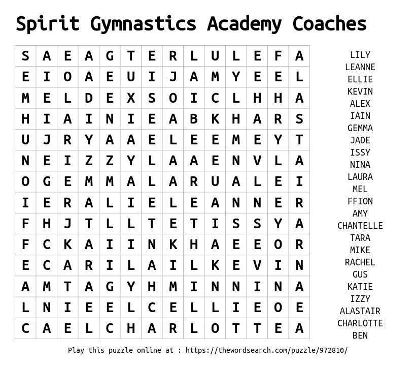 Word Search on Spirit Gymnastics Academy Coaches