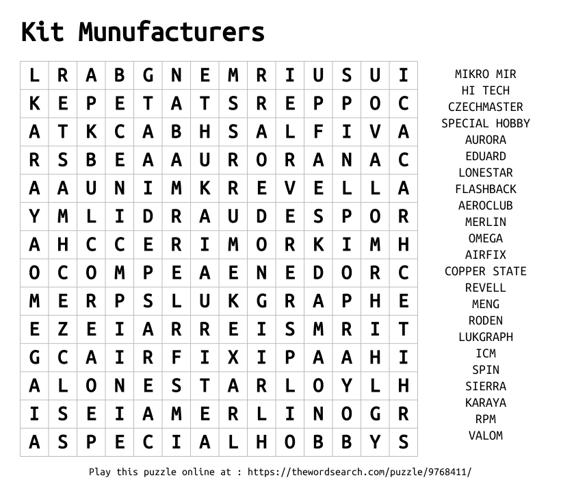 Word Search on Kit Munufacturers