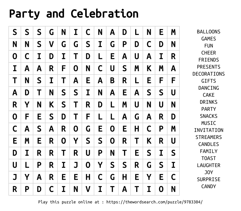 Word Search on Party and Celebration
