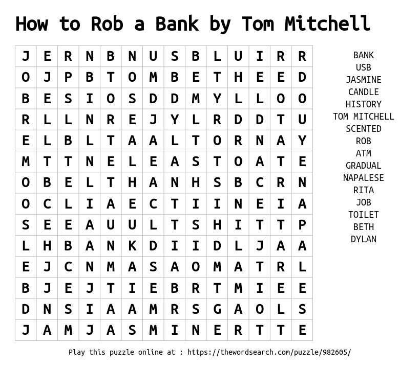 Word Search on How to Rob a Bank by Tom Mitchell