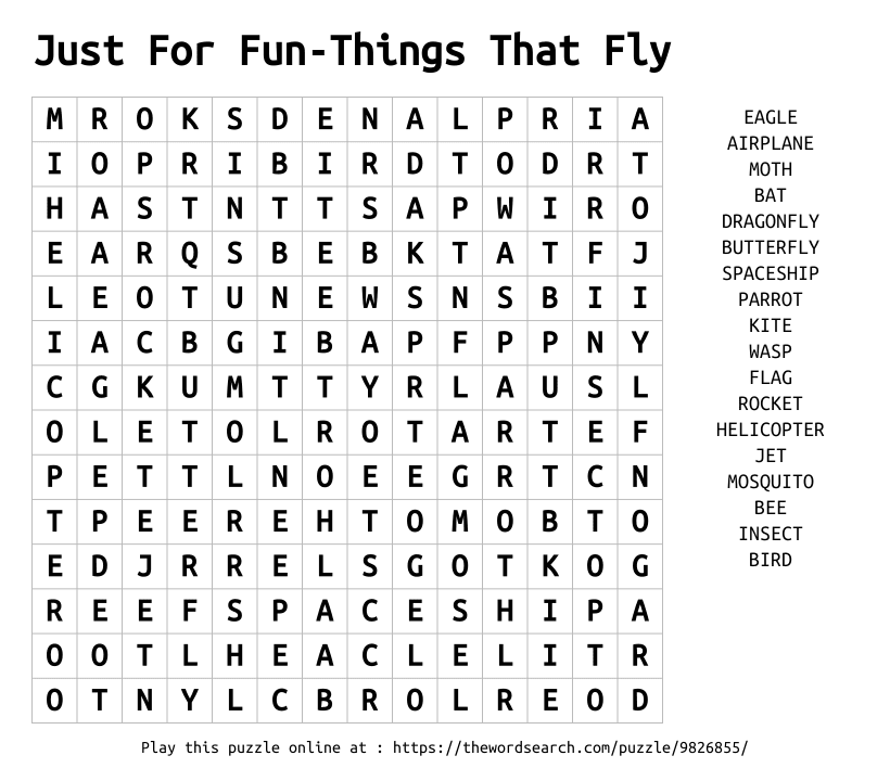 Word Search on Just For Fun-Things That Fly