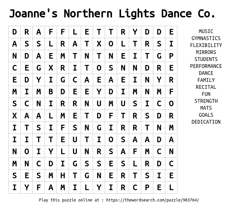 Word Search on Joanne's Northern Lights Dance Co.