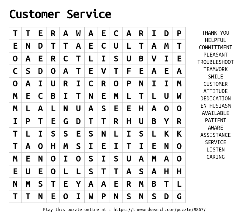 Download Word Search On Customer Service