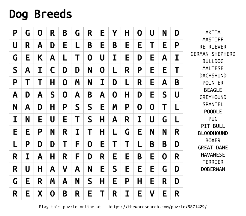 Word Search on Dog Breeds