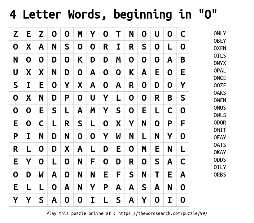 download word search on 4 letter words beginning in o