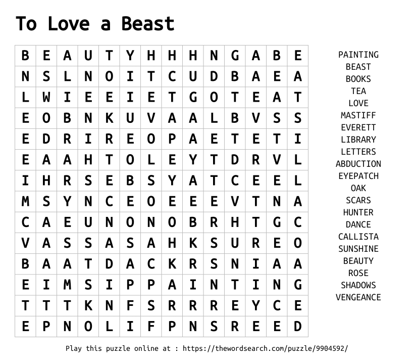 Word Search on To Love a Beast