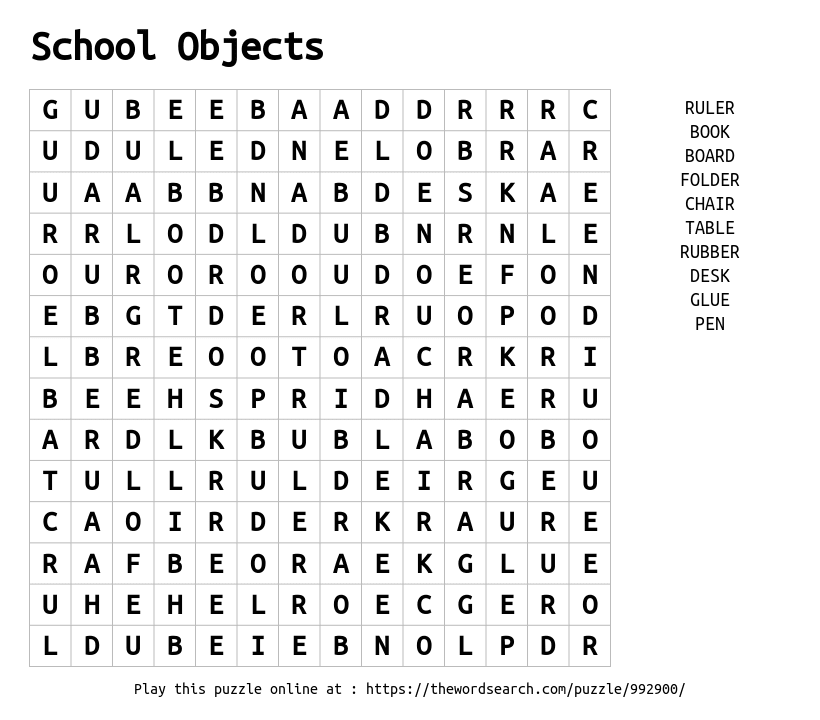 Mysterious bottom internal School Objects Word Search