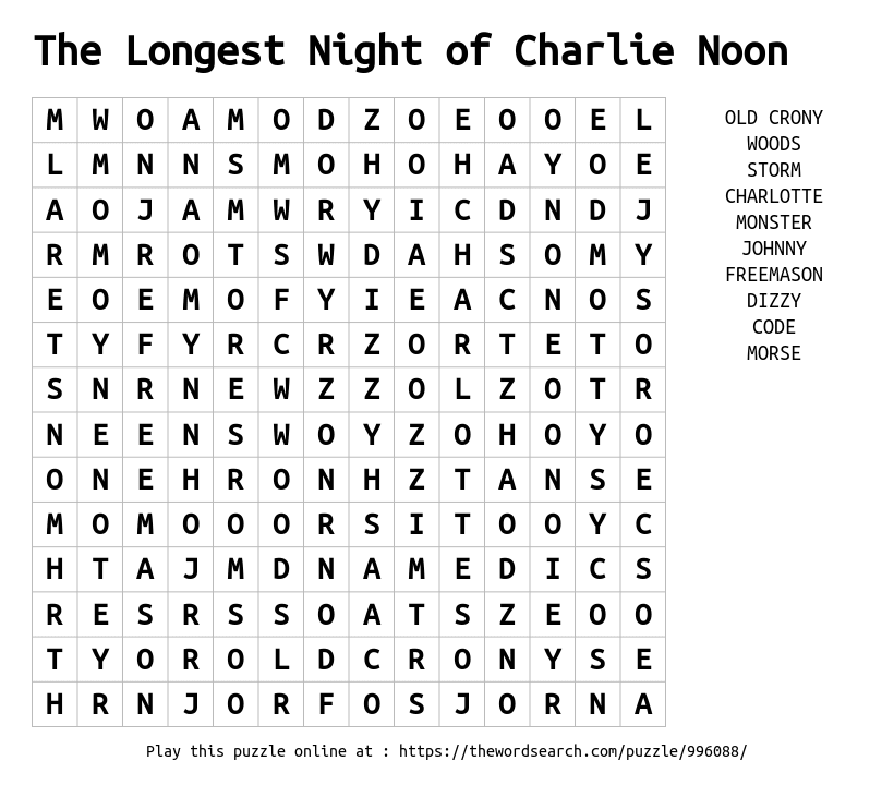 Word Search on The Longest Night of Charlie Noon 