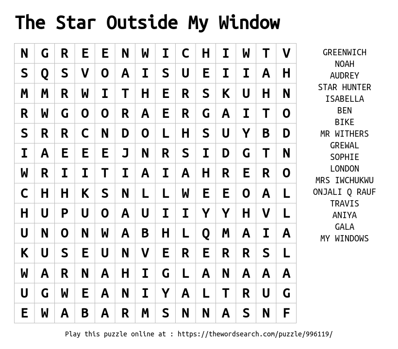 Word Search on The Star Outside My Window