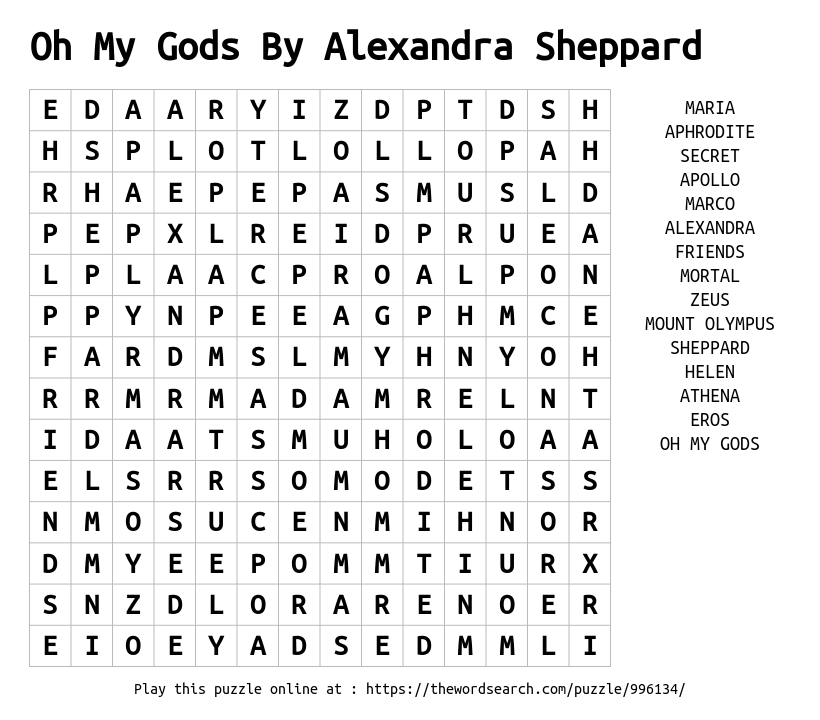 Word Search on Oh My Gods By Alexandra Sheppard