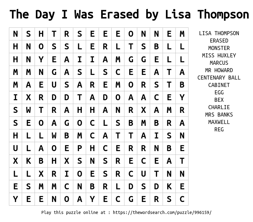 Word Search on The Day I Was Erased by Lisa Thompson